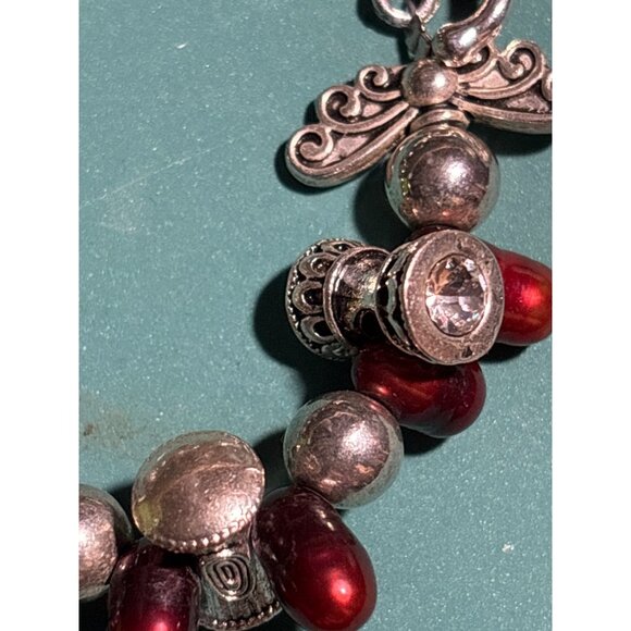Handcrafted Beaded Bracelet Silver-Tone Charms Red Baroque Pearls Toggle Clasp - Picture 3 of 6
